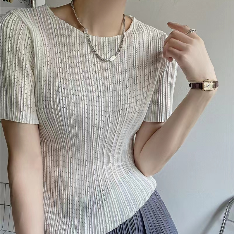 壓褶氣質薄款彈力圓領百搭修身短袖T恤