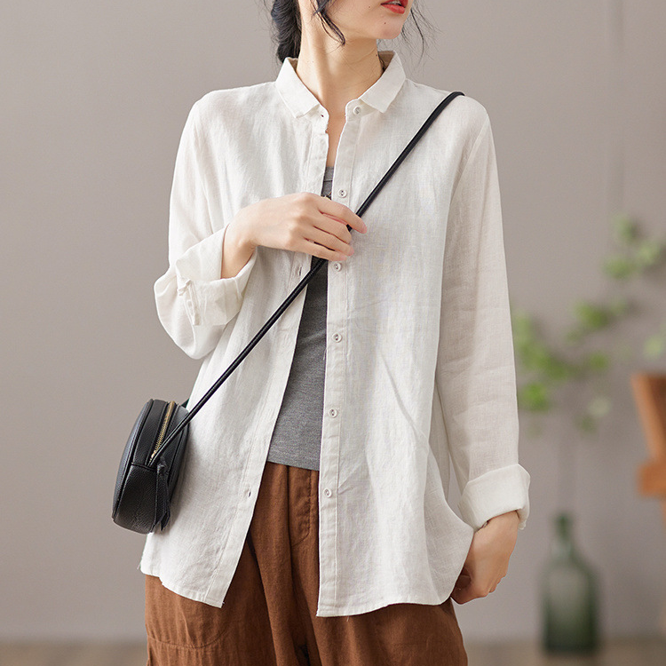 文藝復古亞麻翻領氣質長袖襯衫-HaloBless