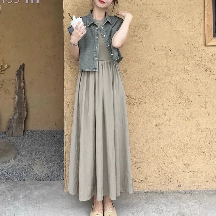 【單件/整套】法式輕熟風坎肩牛仔馬甲+背心連身裙兩件套裝