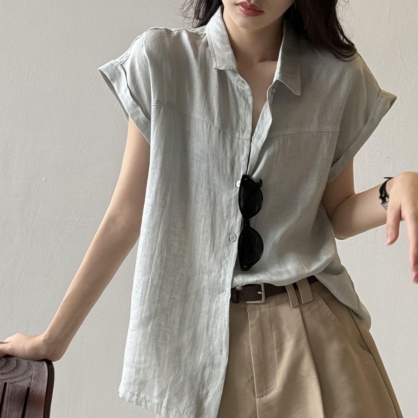 時尚高級感休閒通勤小飛袖無袖襯衫