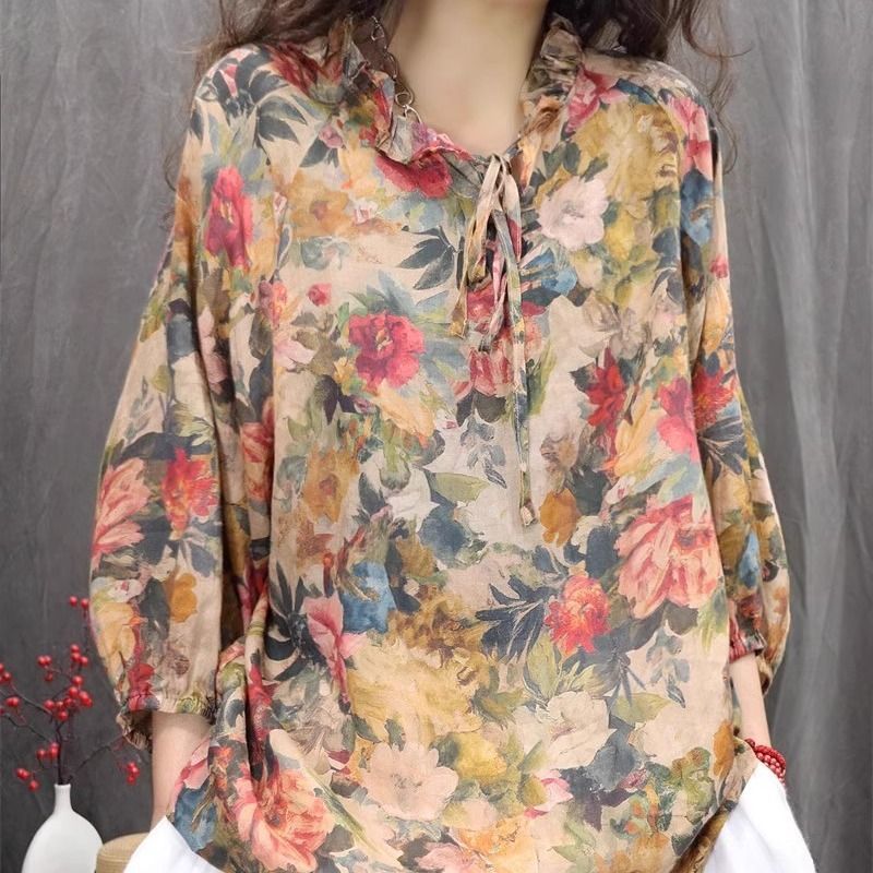 復古文藝洋氣印花時尚顯瘦百搭襯衫-HaloBless