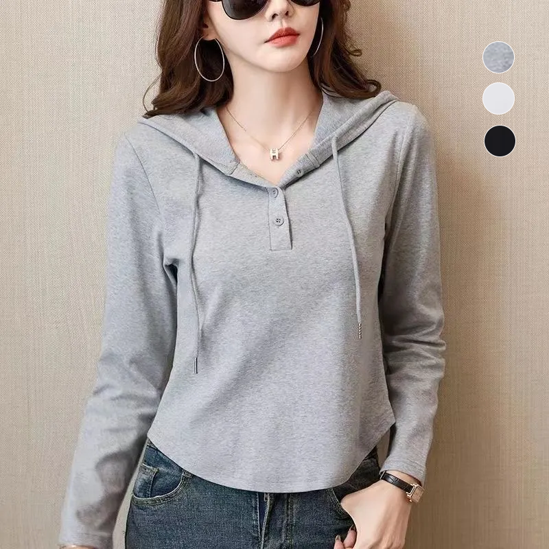 修身顯休閒短版素色長袖連帽T-HaloBless