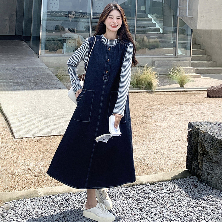 【單件/套裝】韓系條紋顯瘦上衣+復古牛仔背心洋裝兩件套-HaloBless