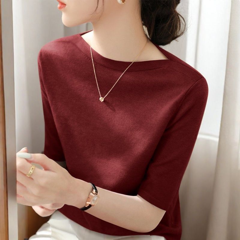 氣質百搭螺紋一字領修身顯瘦中袖打底衫-HaloBless