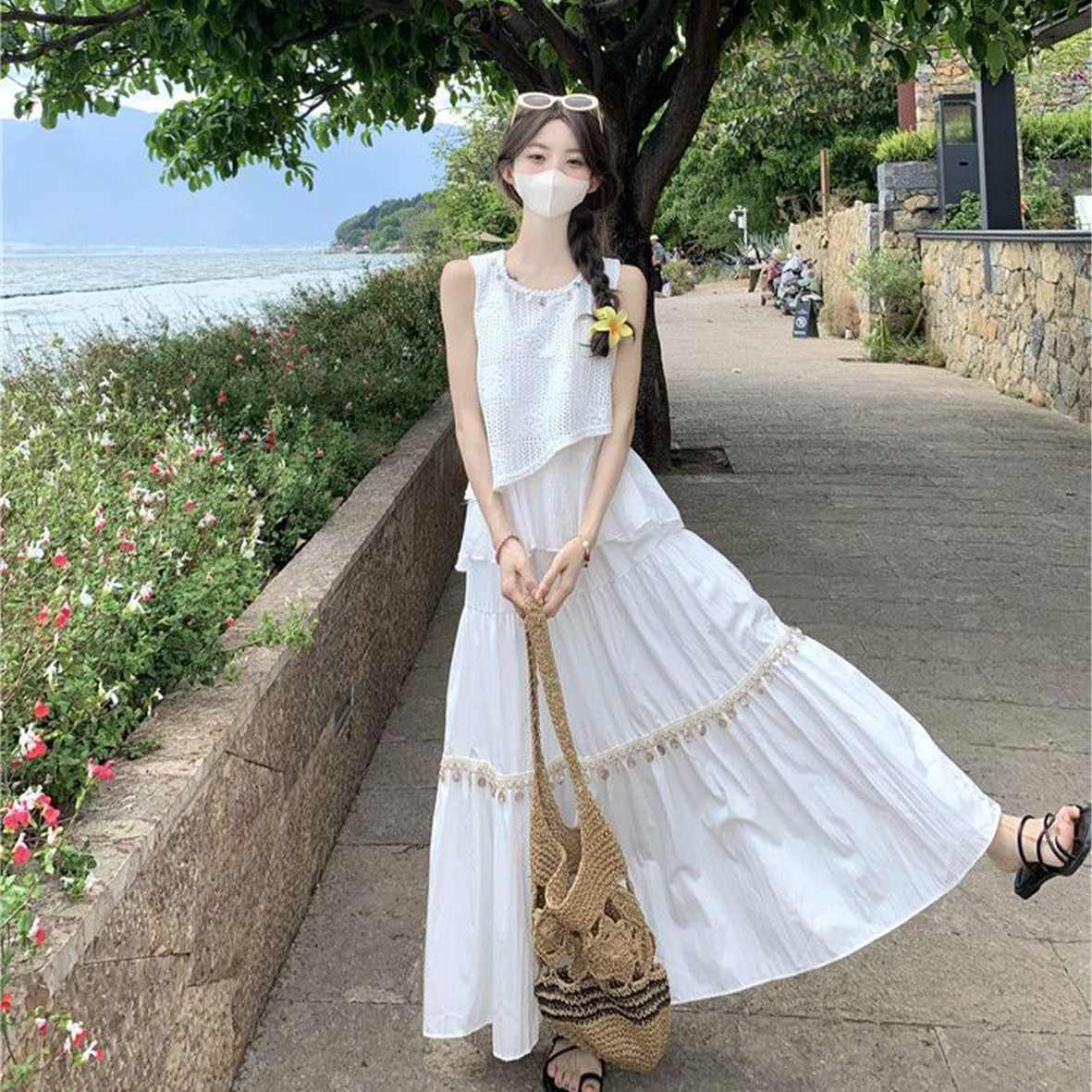 【單件/套裝】文藝民族風復古鏤空吊帶+半身裙兩件套裝