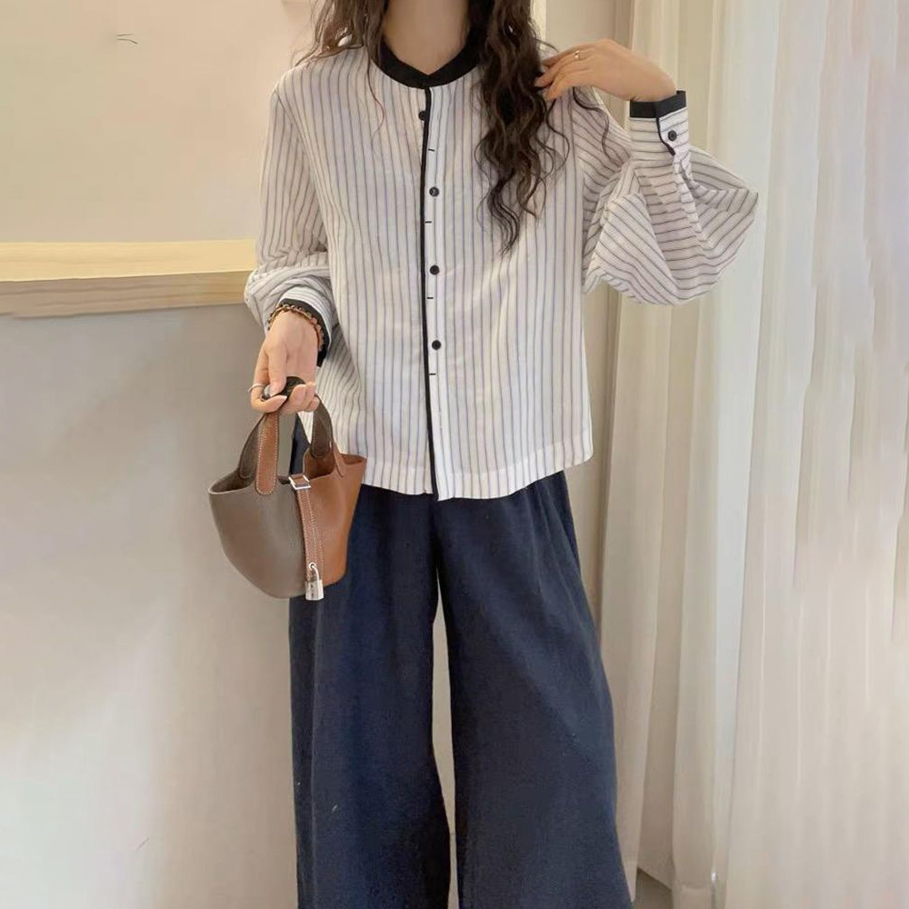 新中式設計感燈籠袖豎條紋休閒長袖襯衫-HaloBless