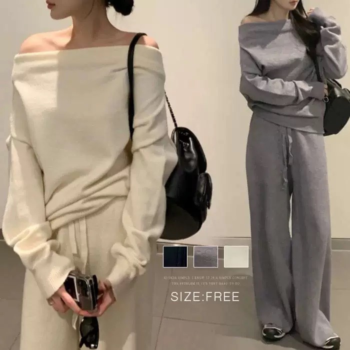 【整套】法式高級感一字領露肩毛衣+高腰針織直筒長褲兩件套