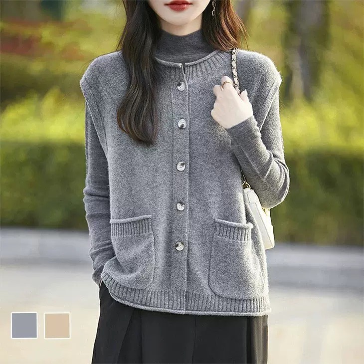 針織毛衣圓領疊穿系扣馬甲開衫