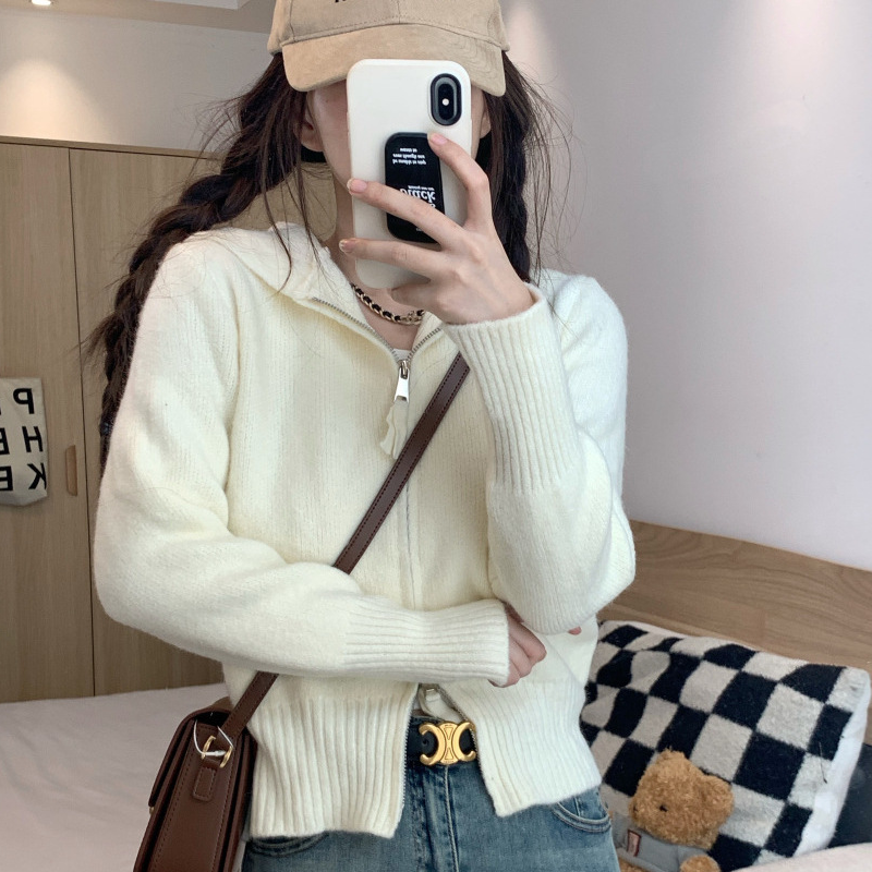 慵懶風拉鍊正肩短版外套連帽針織開衫