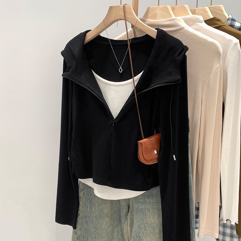 美式假兩件抽褶顯瘦連帽長袖T恤