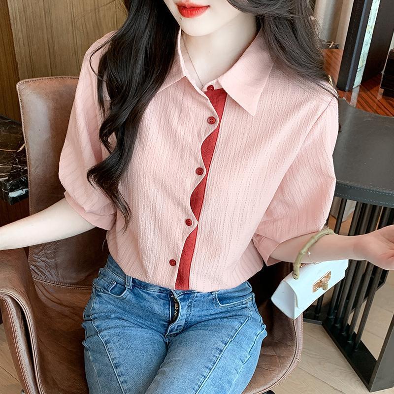 氣質不規則拼色雪紡寬鬆收褶襯衫-HaloBless