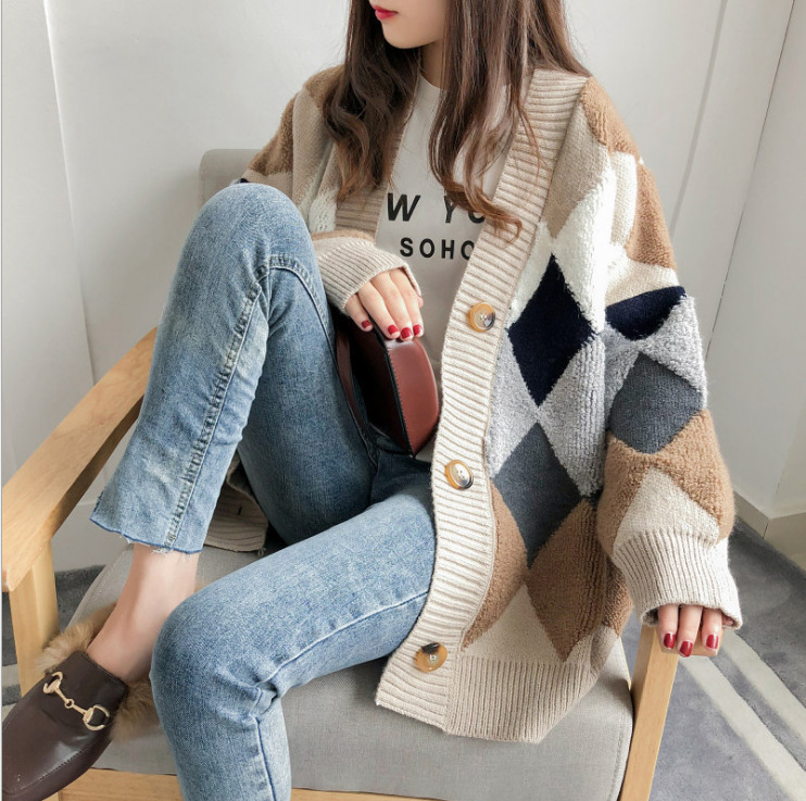 韓版寬鬆慵懶風毛衣V領開衫針織衫-HaloBless