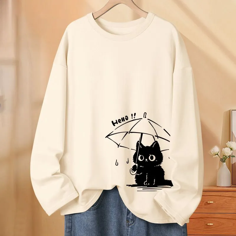 純棉薄款撐傘貓可愛圓領長袖T恤-HaloBless