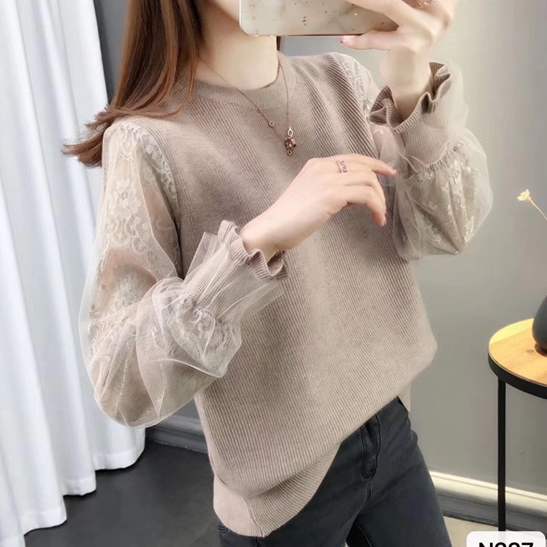 洋氣寬鬆外穿蕾絲袖低領打底衫針織長袖-HaloBless
