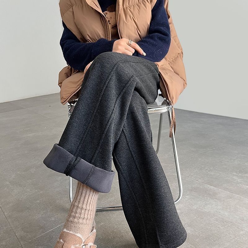 人字紋刷毛闊腿毛呢開叉直筒窄版香蕉褲