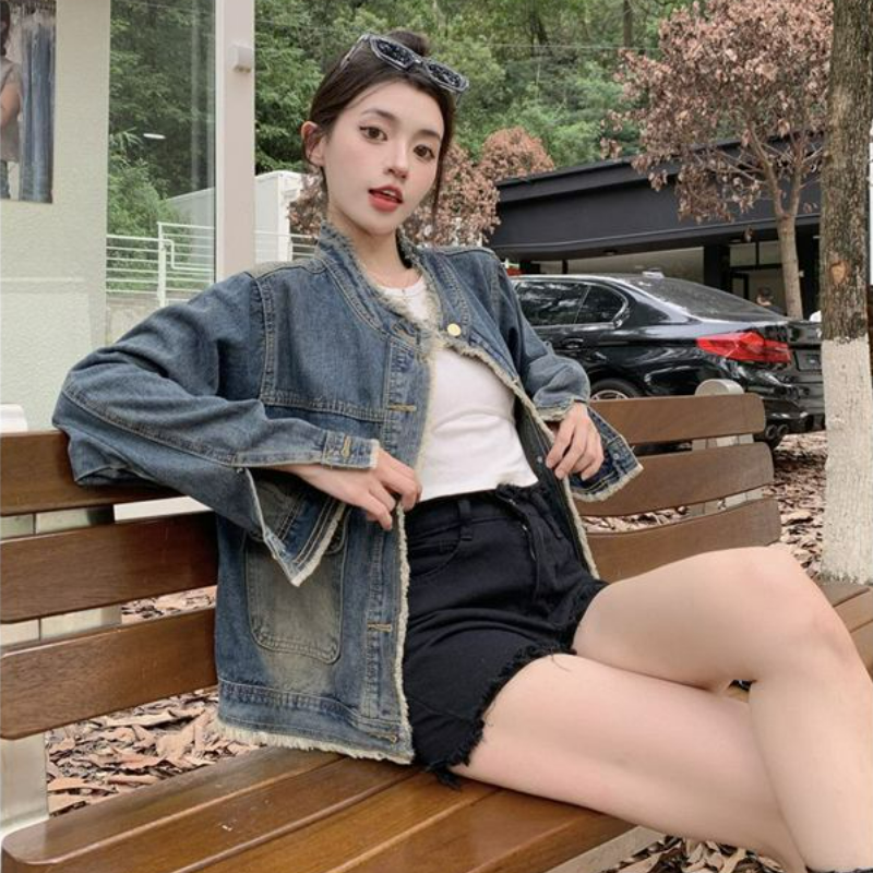 復古毛邊寬鬆顯瘦夾克水洗牛仔外套