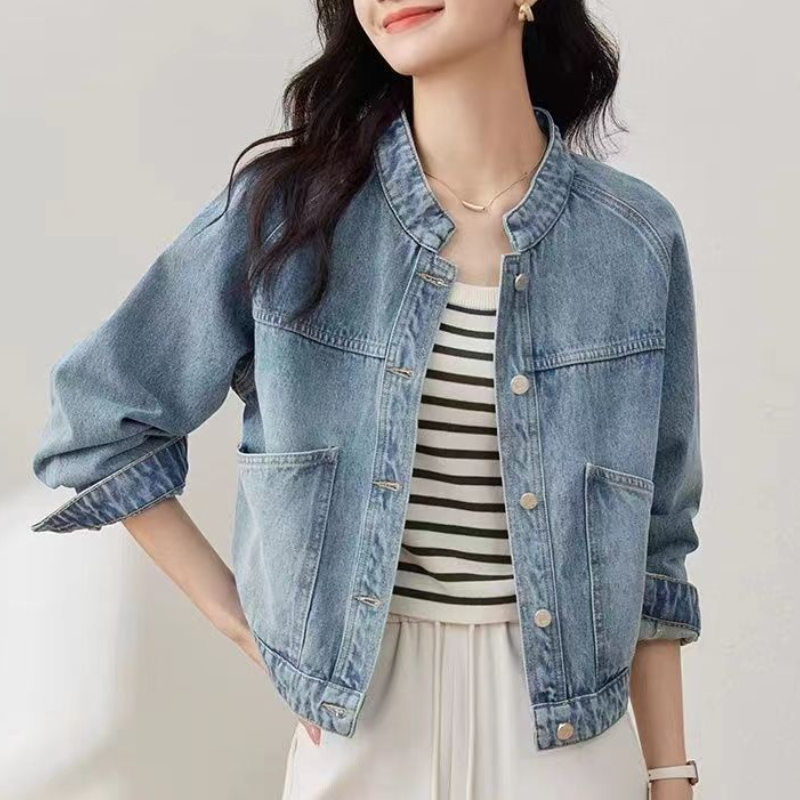 復古水洗牛仔短外套 立領顯高小個子長袖上衣-HaloBless