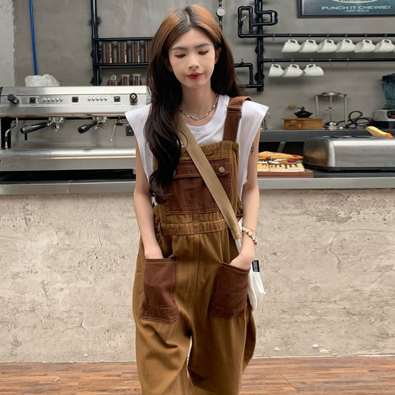 減齡氣質美式高街拼接撞色工裝背帶褲-HaloBless