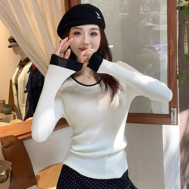 圓領撞色內搭設計感針織長袖T恤-HaloBless