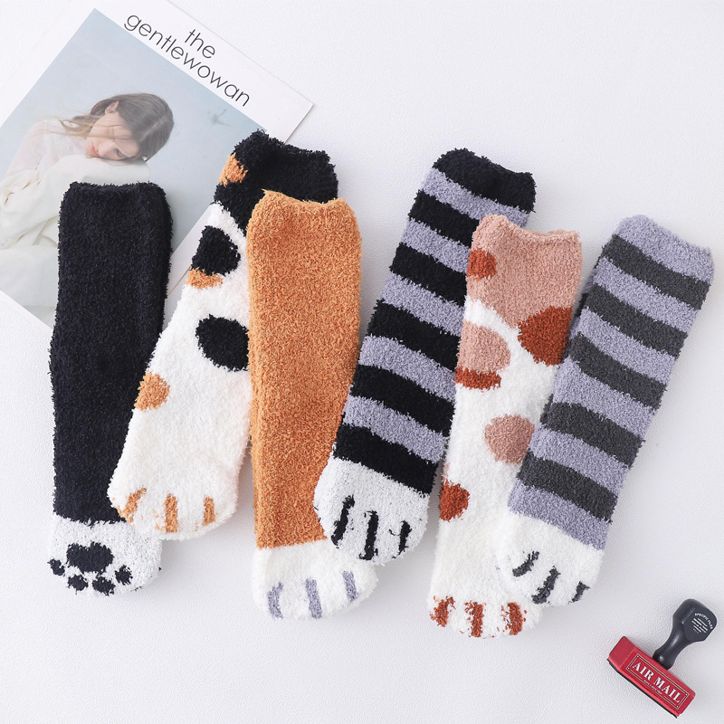 保暖加厚珊瑚絨中筒襪卡通貓爪家居襪子
