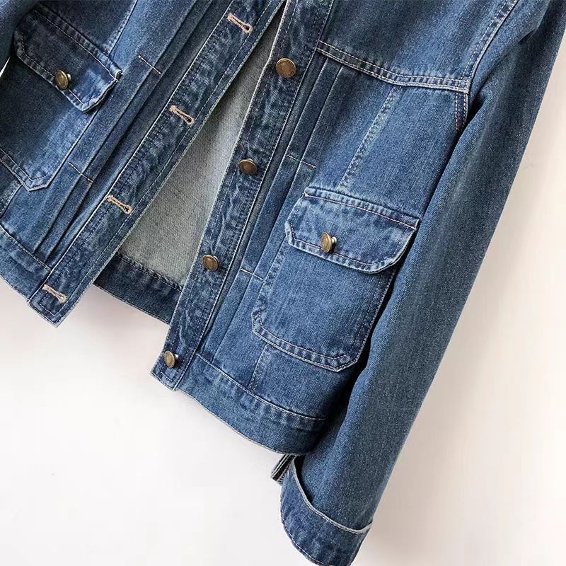 圓領壓褶短版正肩修身顯瘦牛仔夾克-HaloBless