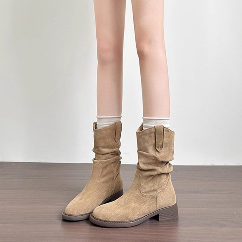 美拉德復古中筒牛仔堆堆短靴粗跟馬丁靴-HaloBless