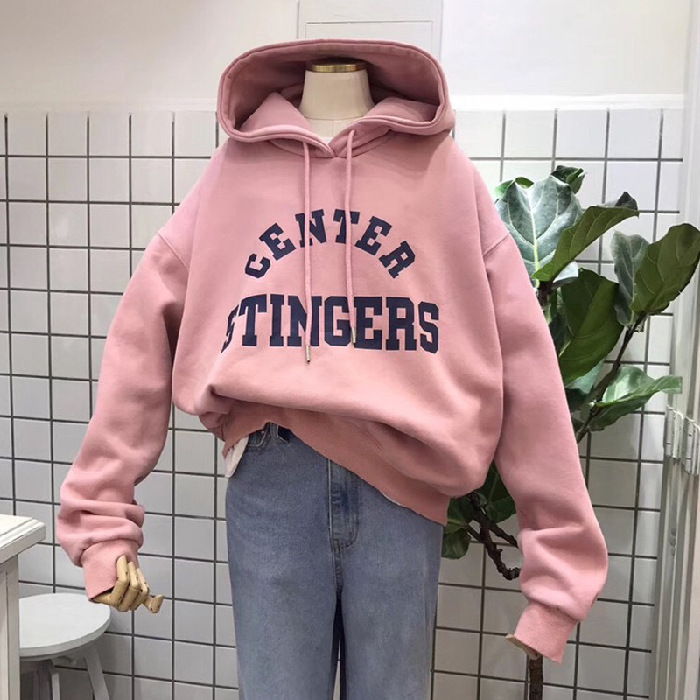 韓版字母刷毛加厚寬鬆休閑帽T