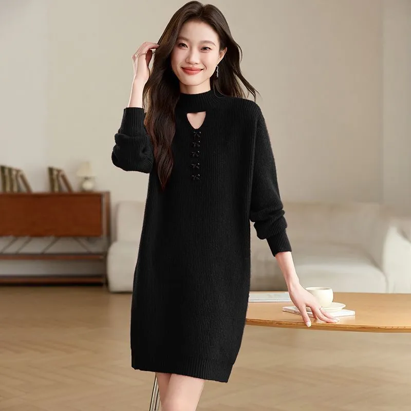 時尚百搭寬鬆加厚半高領中長版針織毛衣洋裝