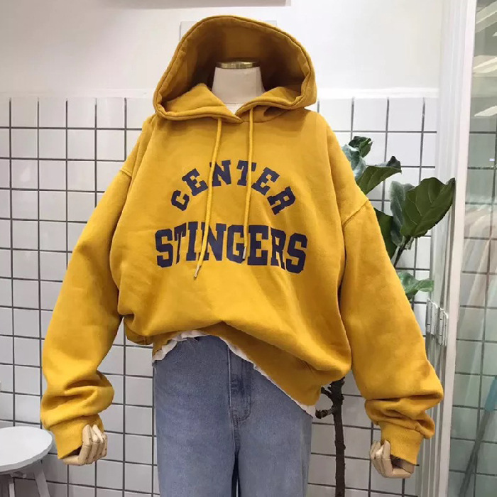 韓版字母刷毛加厚寬鬆休閑帽T