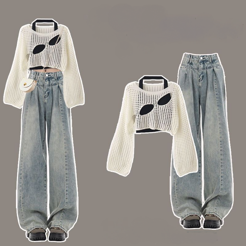 【單件/整套】溫柔系穿搭韓版設計感罩衫吊帶牛仔褲三件套-HaloBless