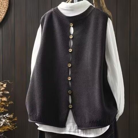 【單件/套裝】後背紐扣針織馬甲+寬鬆百搭襯衫疊穿兩件套裝-HaloBless