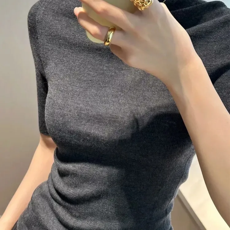 百搭顯瘦半高領五分袖內搭修身打底針織衫-HaloBless