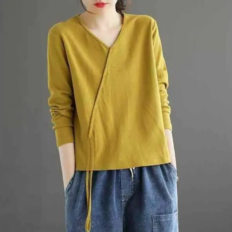 純棉V領休閑百搭抽繩大碼打底衫長袖t恤-HaloBless