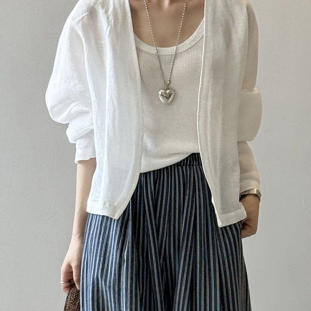 薄款寬鬆防曬復古棉感文藝長袖開衫-HaloBless
