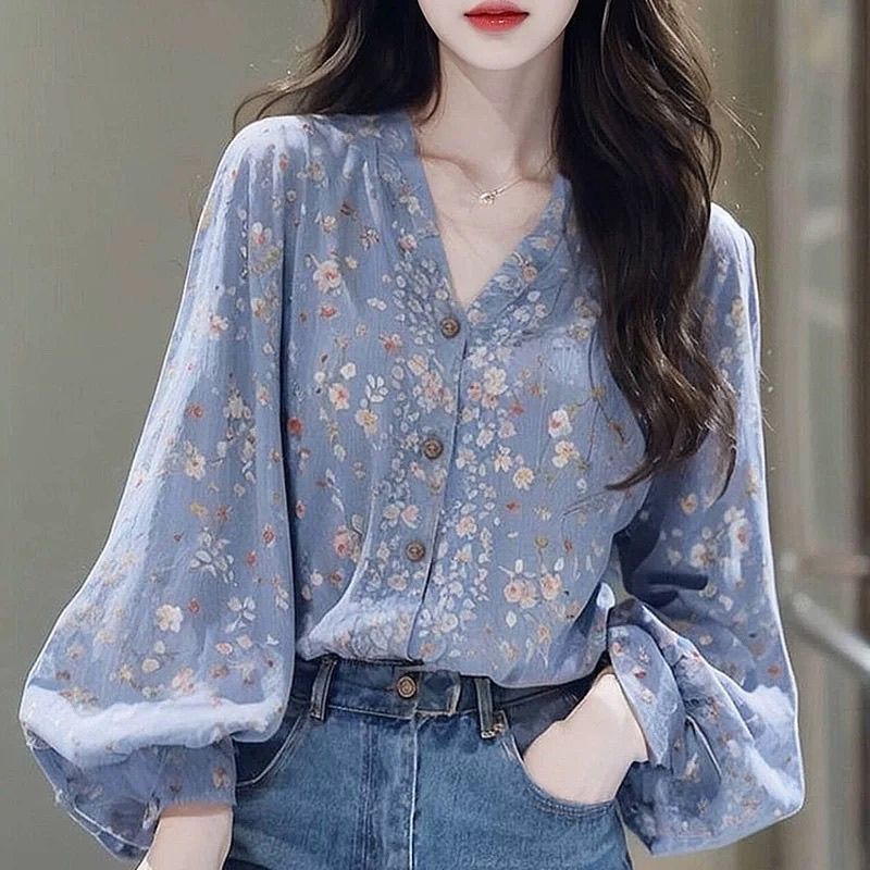 法式V領氣質寬鬆藍色碎花長袖襯衫-HaloBless