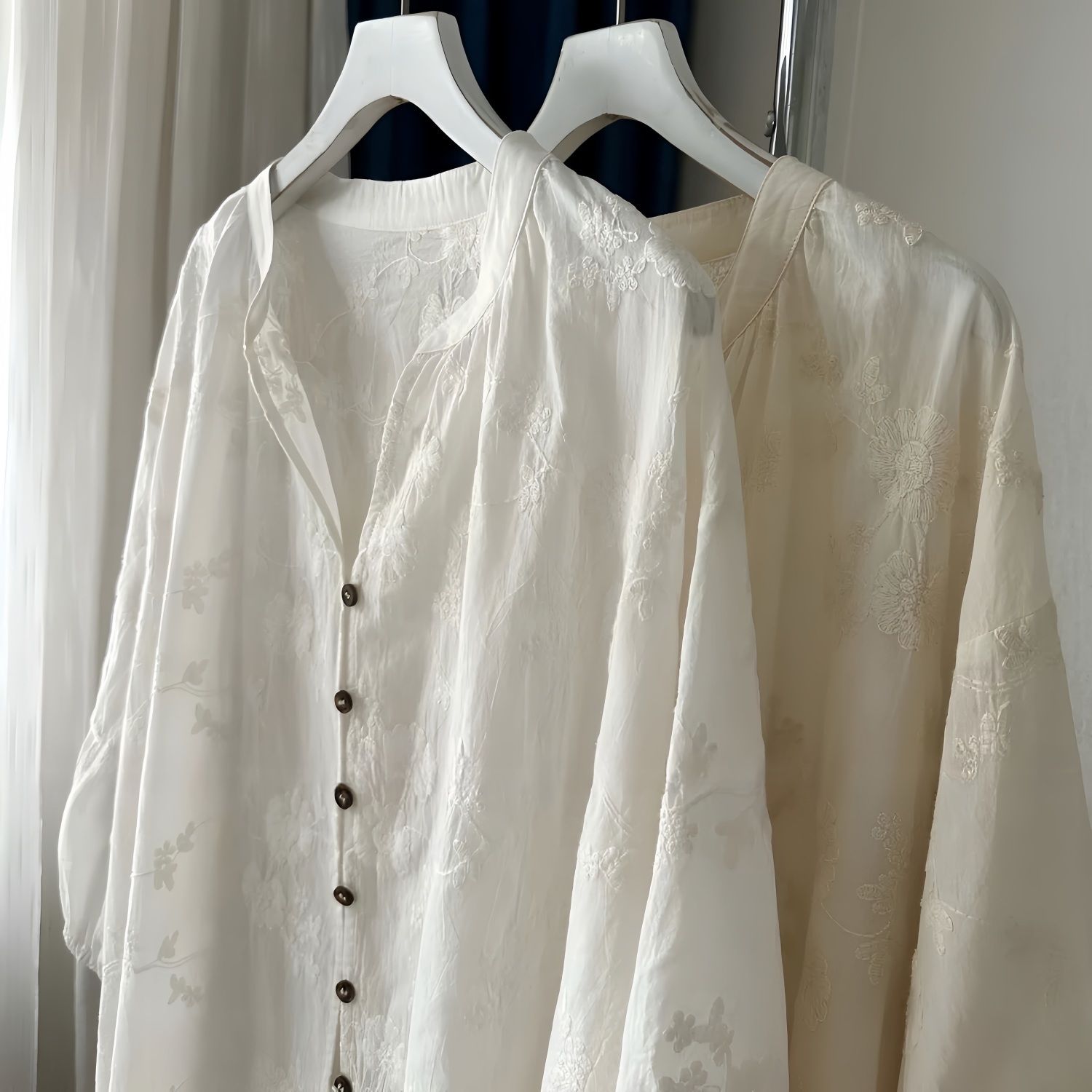 提花刺繡棉質百搭防曬寬鬆七分袖中長款開衫襯衫