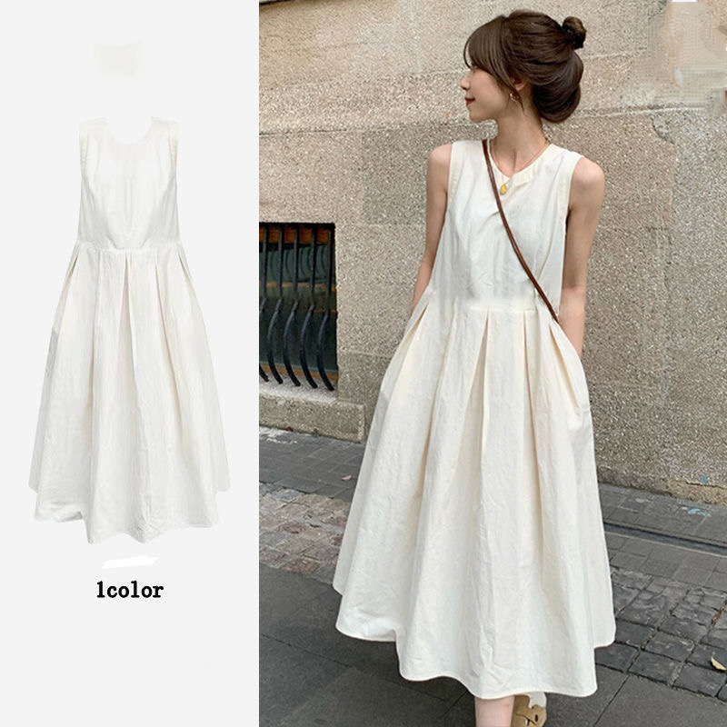 法式白色收腰顯瘦中長款蓬蓬大擺無袖連身裙