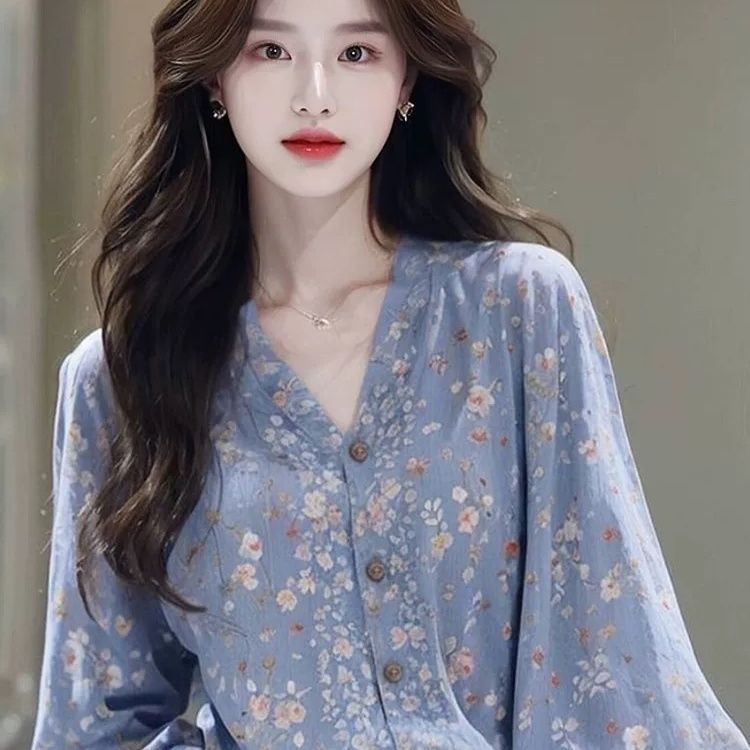 法式V領氣質寬鬆藍色碎花長袖襯衫-HaloBless