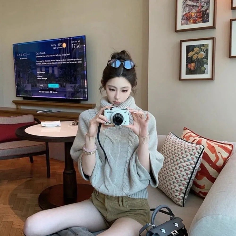 麻花斗篷氛圍針織衫復古寬鬆中袖高領毛衣