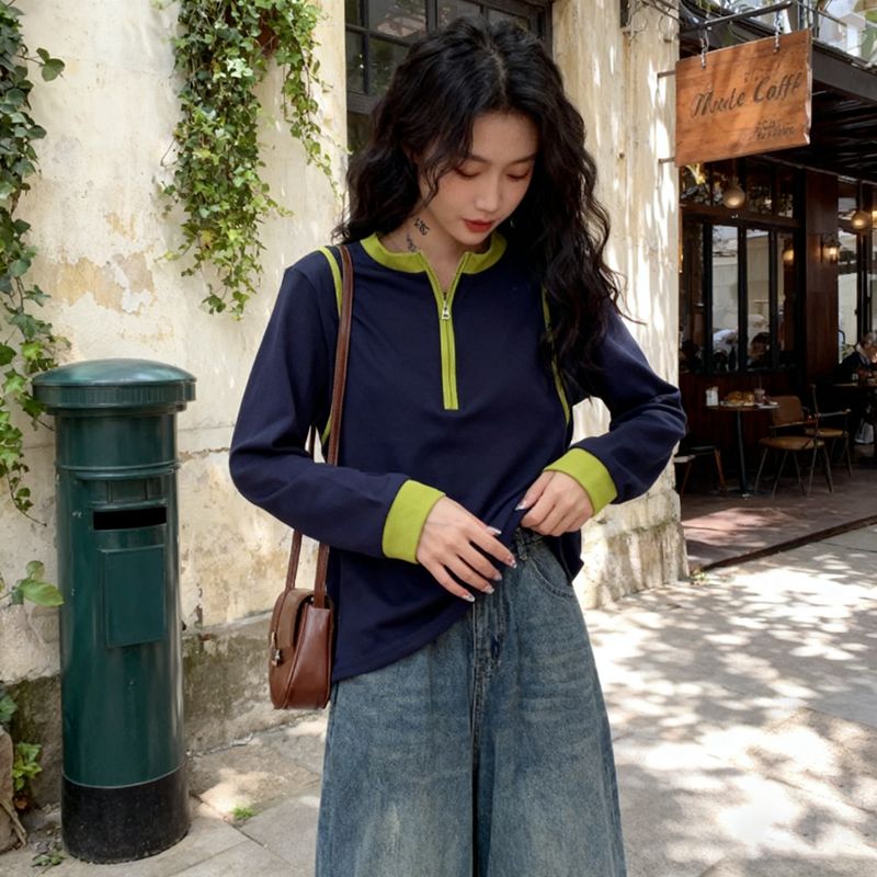 撞色遮肉小眾寬鬆半拉鏈顯瘦百搭長袖T恤