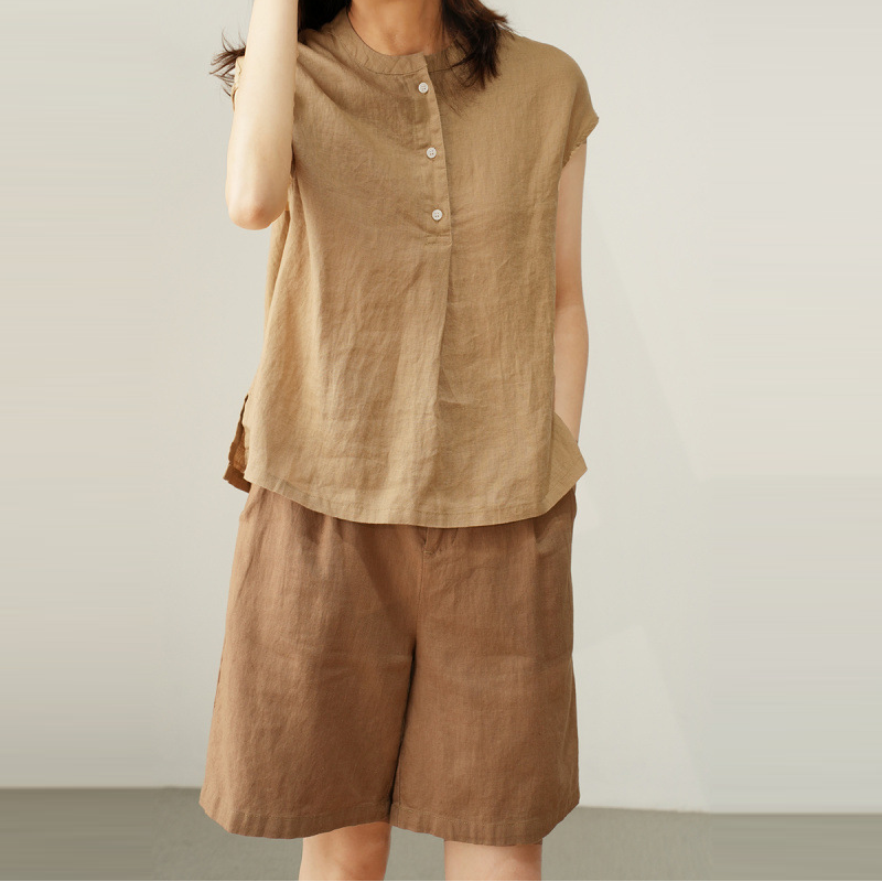 日系通勤棉麻落肩立領顯瘦無袖襯衫-HaloBless