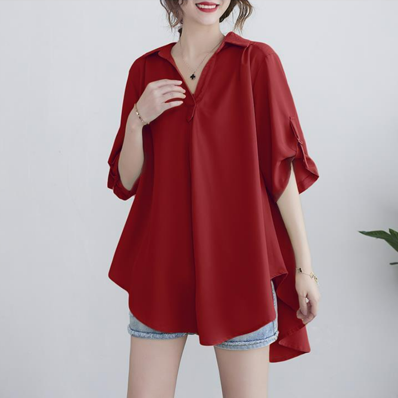 中長款大碼寬鬆收腰顯瘦短袖雪紡衫-HaloBless