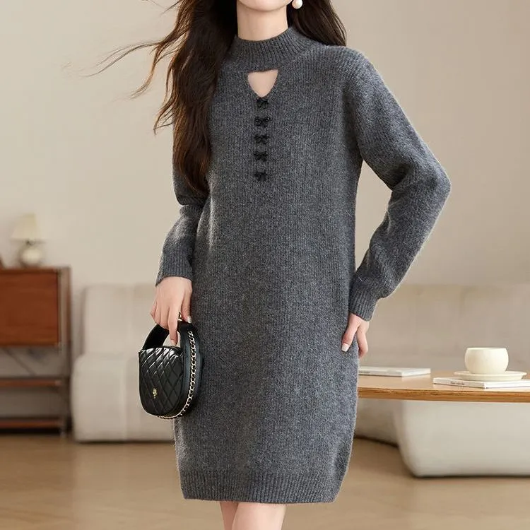時尚百搭寬鬆加厚半高領中長版針織毛衣洋裝