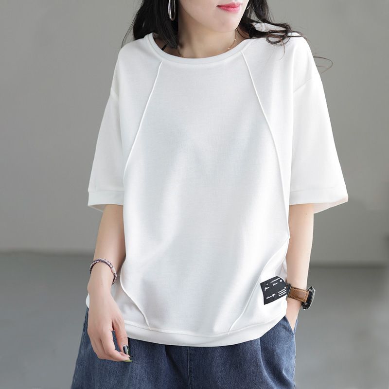 文藝純棉寬鬆復古圓領拼接短袖T恤-HaloBless