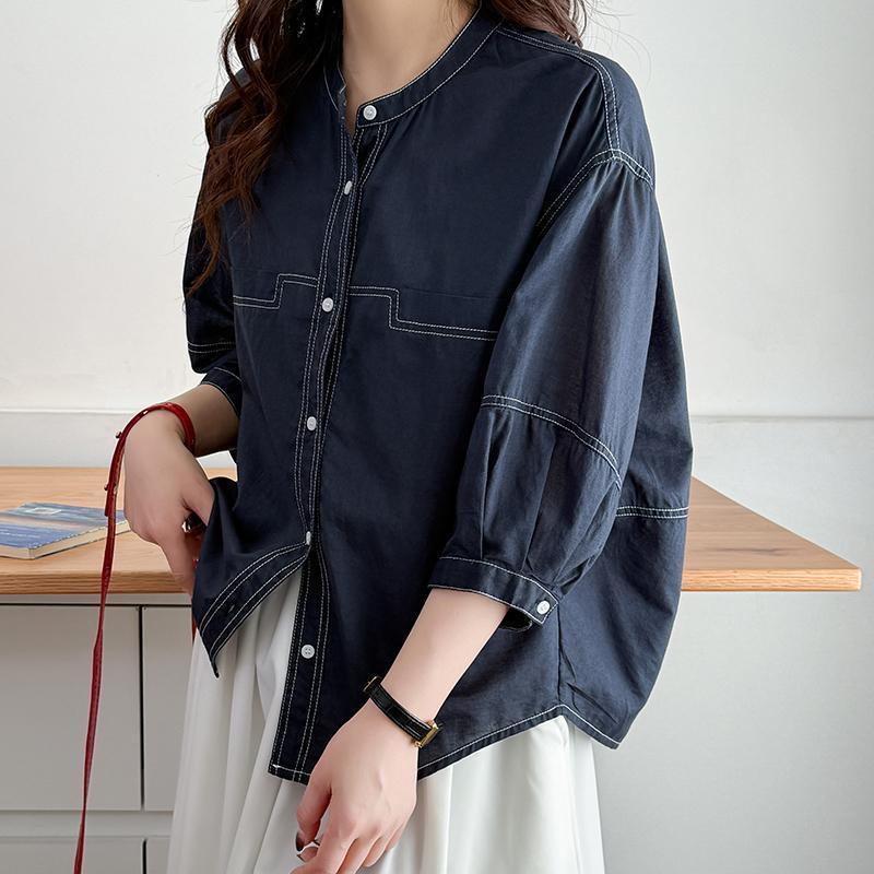 休閒寬鬆明線顯瘦中袖韓版時尚純棉襯衫-HaloBless