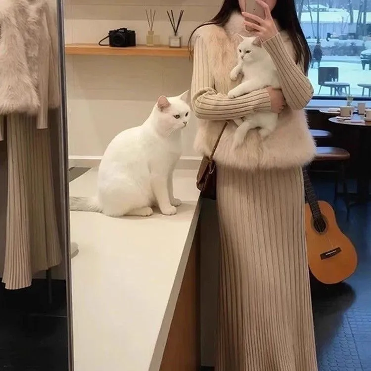 【單件/套裝】百搭顯瘦毛馬甲+針織洋裝兩件套裝