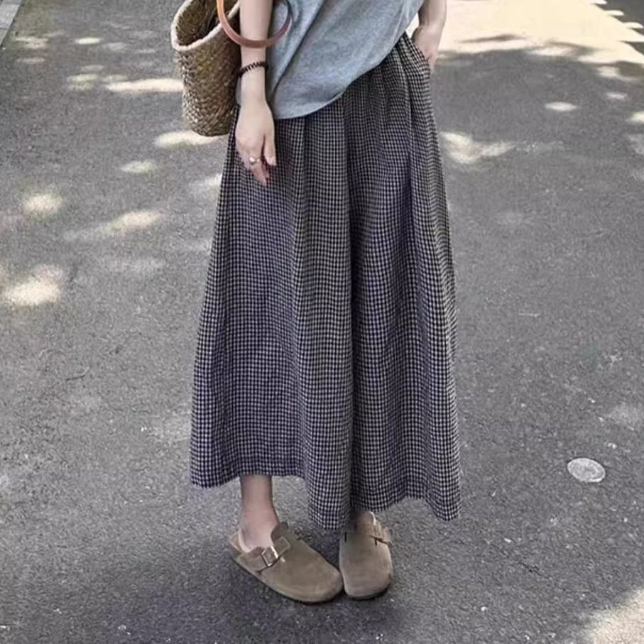 【單件/整套】休閒透氣涼爽V領短袖T恤+格子垂墜感寬鬆長褲兩件套裝-HaloBless