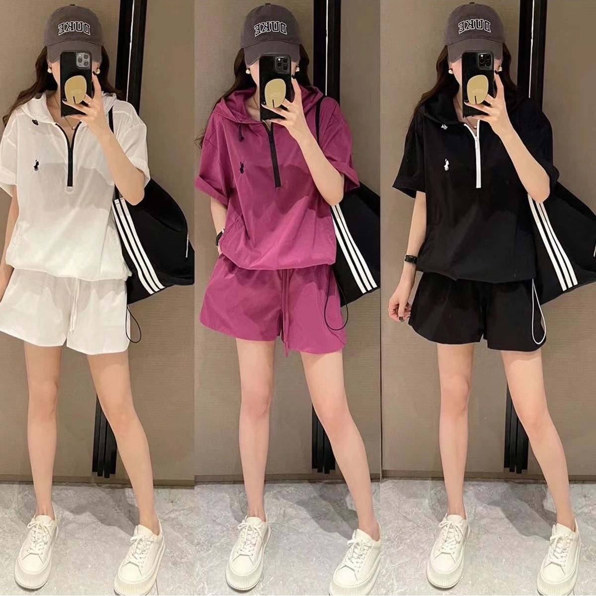 【整套】輕薄透氣防曬韓版時尚百搭氣質連帽短袖+運動休閑褲兩件套