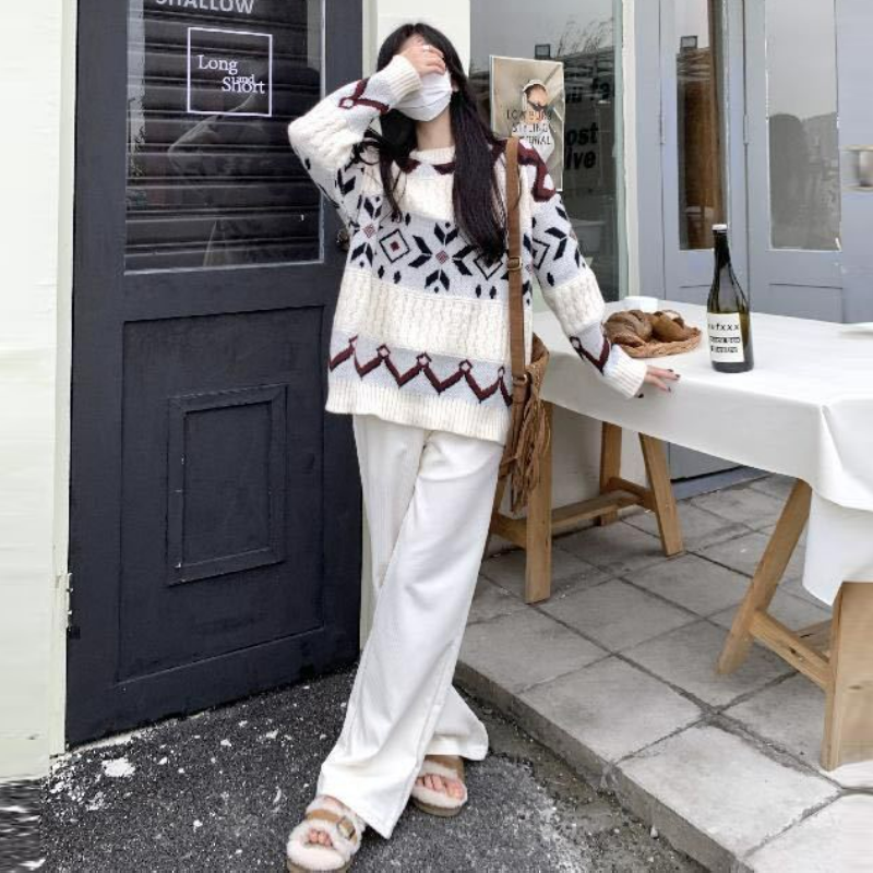【單件/套裝】寬鬆拼色復古提花套頭毛衣+休閒闊腿褲兩件套