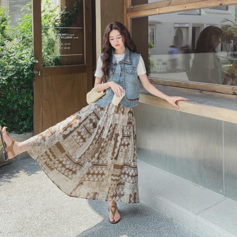 【單品/套裝】復古民族風刺繡牛仔馬甲半身裙兩件套裝-HaloBless